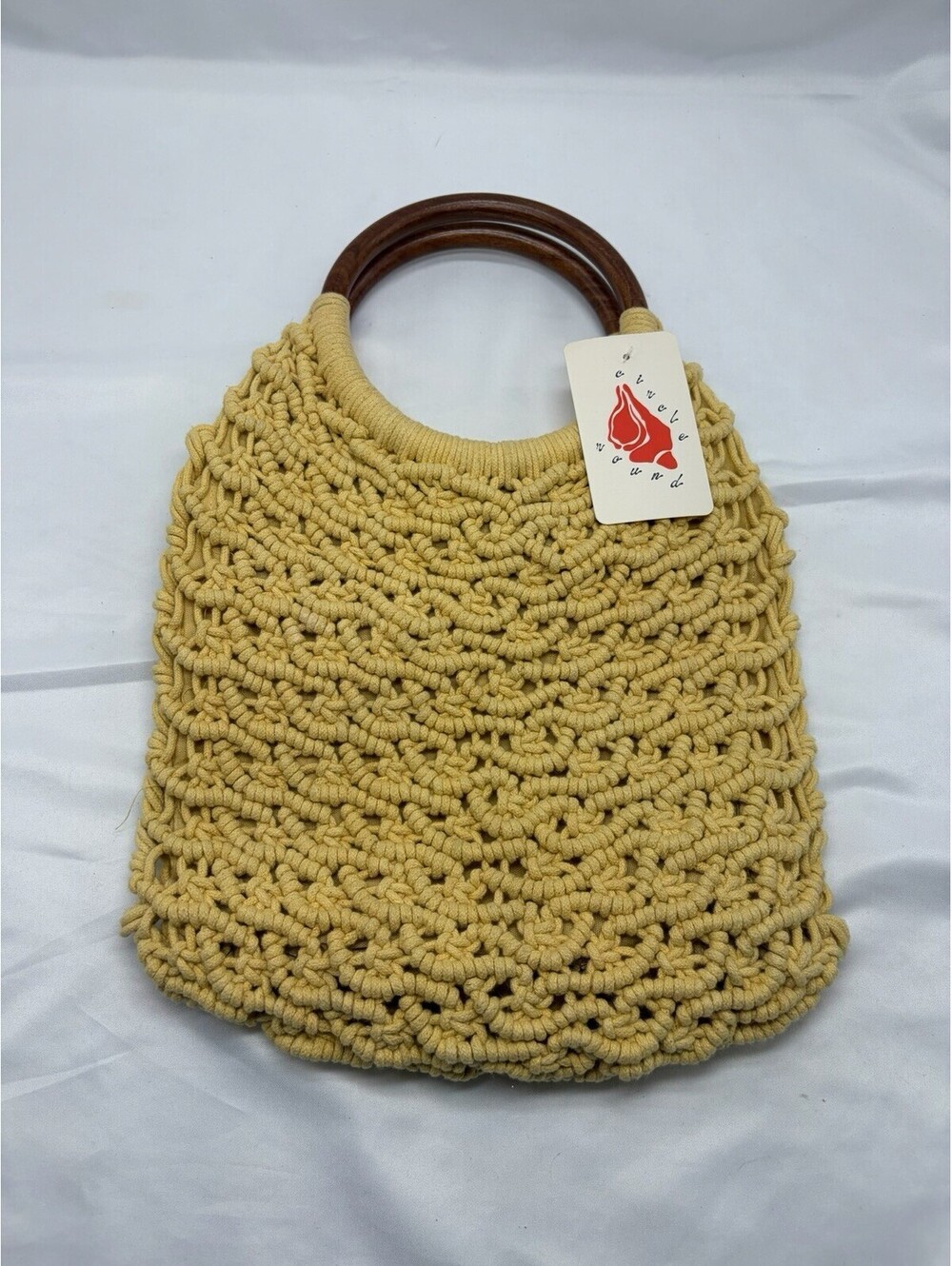Vintage Macrame Handbag with Wood Handle, Natural, Yellow Purse New with tags